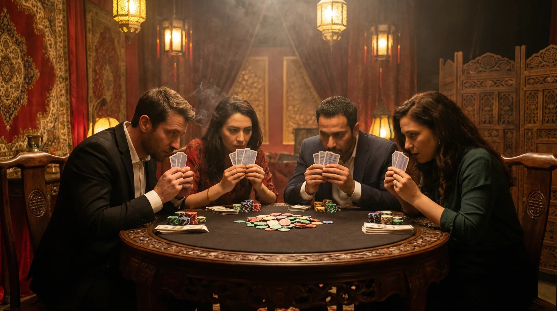 炸金花游戏中玩家偷看底牌的经典画面